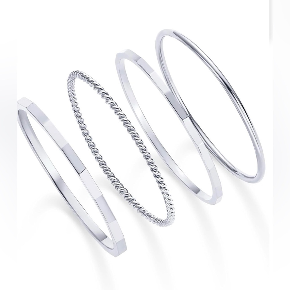 PAVOI 14K White Gold  Plated Four Pieces Thin Rings Set| Dainty Stacking NIB - 8